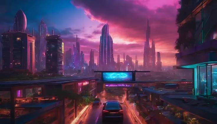 (obra prima) cidade no estilo cyberpunk, illuminated sky, neon light, imagem vista do zero, paisagem ampla, cidade futurista