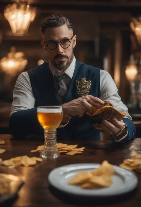 portraite of a, Superhero at the table, 30 years, Doctor Strange, (Beer in a crystal goblet, a plate of chips and an appetizer), A puddle of beer on the table, restaurant, (sharp-focus: 1.2), photo (American Apartment), in a Parisian coffee shop, (Beautifu...