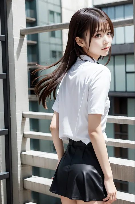 high-level image quality、Im a girl in a high school uniform。length hair。Back view、((a miniskirt))、Im wearing a miniskirt、The skirt is flipped up、The skirt is flipping in the wind、Holding the skirt in the hands、Trying to turn around、heavy wind、My hair is fl...