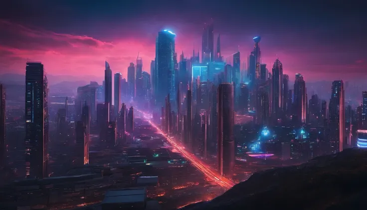 (obra prima) cidade no estilo cyberpunk, illuminated sky, neon light, imagem vista do zero, paisagem ampla, cidade futurista