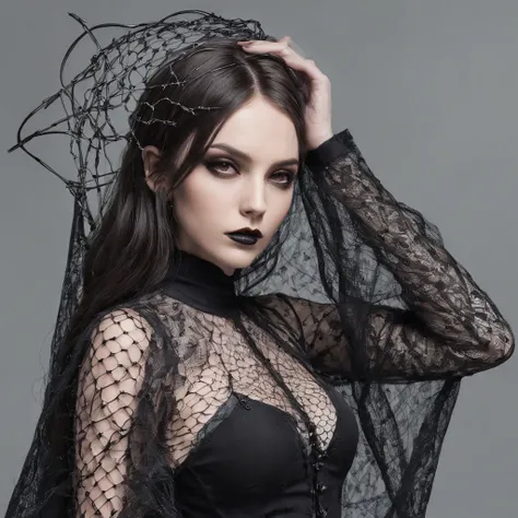 Girl with gothic net symbolic clothes, 。.com (Barbed wire of the body) brunette color hair，Gray hair ends