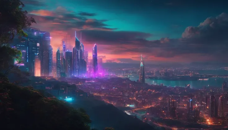 (obra prima) cidade no estilo cyberpunk, illuminated sky, neon light, imagem vista do zero, paisagem ampla, cidade futurista