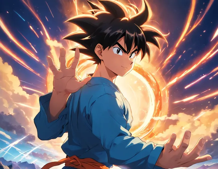 Goku em pose positiva, no campo de batalha, With the hand to raise the ring finger in a pejorative way. Produzido por Akira Toriyama