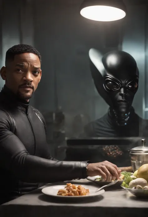 Imagina a Will Smith como el Hombre de Negro, with his iconic black suit and sunglasses, parado en medio de una cocina extraterrestre futurista. The kitchen is full of alien devices and utensils, con luces parpadeantes y superficies brillantes.
En la mano ...