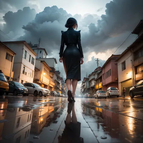 "Obra prima, melhor qualidade, 1 menina com seios gigantes, menina na chuva, traje temperado, cabelos azuis, tempestuous sky, Chuva cintilante, Reflection on the sidewalk."