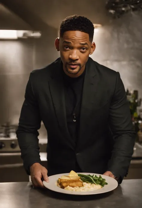 Imagina a Will Smith como el Hombre de Negro, with his iconic black suit (saco y corbata negro) y gafas de sol, parado en medio de una cocina extraterrestre futurista. The kitchen is full of alien devices and utensils, con luces parpadeantes y superficies ...