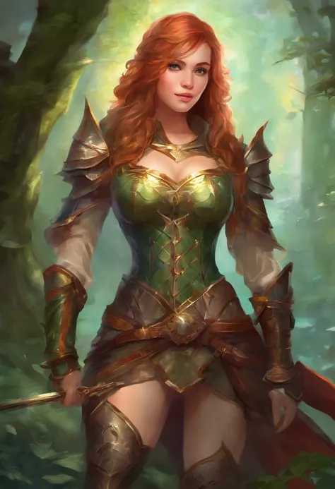 1 Girl in armor Sword Fighter in the Forest Solo， Auf den Beinen stehenGolden Augen Rote haare  sexy pose   Mantel,lange Wimper, Solide , easy smile, Ohren-Rouge, n schwarzen Schleim , sexy cute smile hot best quality, high resolution, Ultra-detailliert, L...