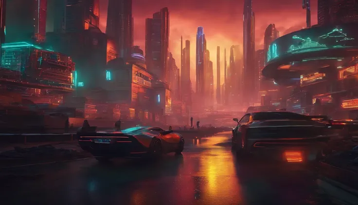 (obra prima) cidade no estilo cyberpunk, illuminated sky, neon light, imagem vista do zero, paisagem ampla, cidade futurista