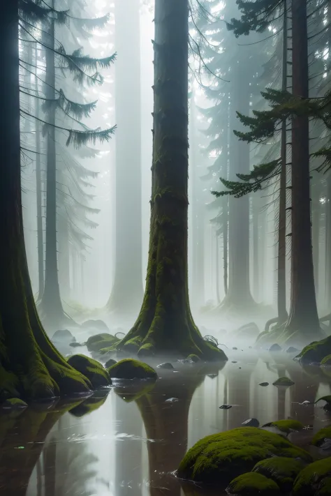 Create a simple and elegant photograph of a serene forest scene during a misty morning. The image should capture the essence of natures tranquility, with tall trees enveloped in a gentle morning fog. The soft, diffused light should enhance the mystical atm...