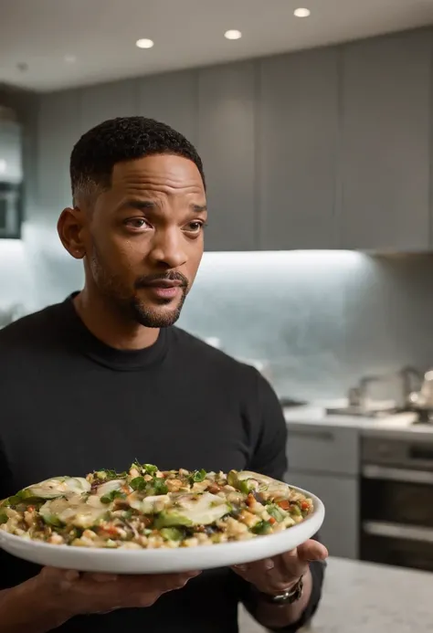 Imagina a Will Smith como el Hombre de Negro, with his iconic black suit (saco y corbata negro) y gafas de sol, parado en medio de una cocina extraterrestre futurista. The kitchen is full of alien devices and utensils, con luces parpadeantes y superficies ...