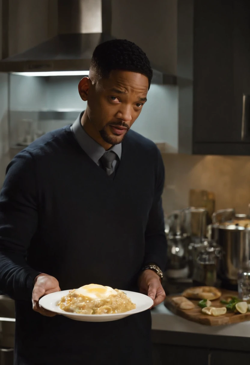 Imagina a Will Smith como el Hombre de Negro, with his iconic black suit (saco y corbata negro) y gafas de sol, parado en medio de una cocina extraterrestre futurista. The kitchen is full of alien devices and utensils, con luces parpadeantes y superficies ...