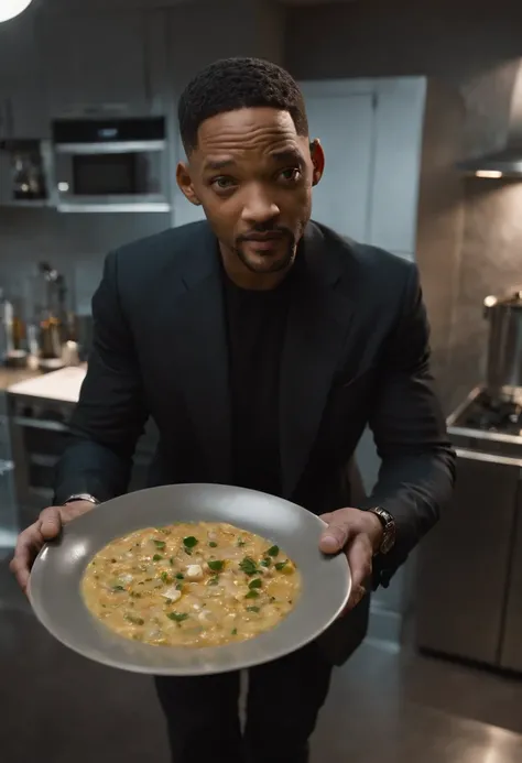 Imagina a Will Smith como el Hombre de Negro, with his iconic black suit (saco y corbata negro) y gafas de sol, parado en medio de una cocina extraterrestre futurista. The kitchen is full of alien devices and utensils, con luces parpadeantes y superficies ...