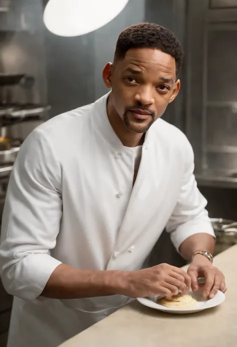 Imagina a Will Smith como el Hombre de Negro, with his iconic black suit (saco y corbata negro) y gafas de sol, parado en medio de una cocina extraterrestre futurista. The kitchen is full of alien devices and utensils, con luces parpadeantes y superficies ...