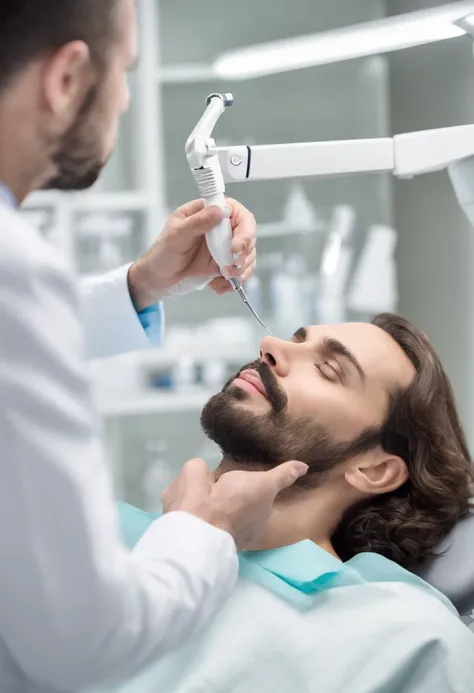 (best quality,ultra-detailed,realistic:1.37),male dental technician with beard(head,profile),dental model in hand,slightly visible face from the side,laboratory setting,professional equipment,white lab coat,meticulous dental work,detailed teeth replica,pre...