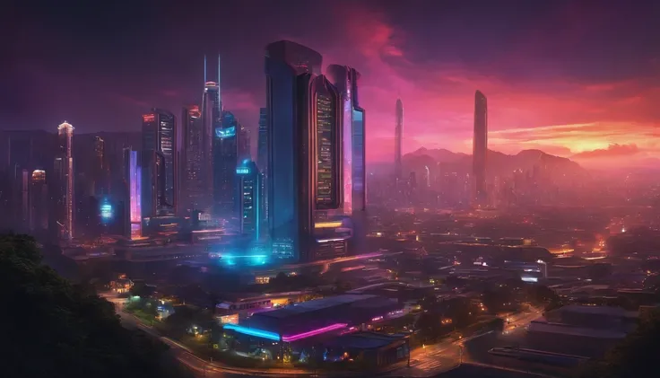 (obra prima) cidade no estilo cyberpunk, illuminated sky, neon light, imagem vista do zero, paisagem ampla, cidade futurista