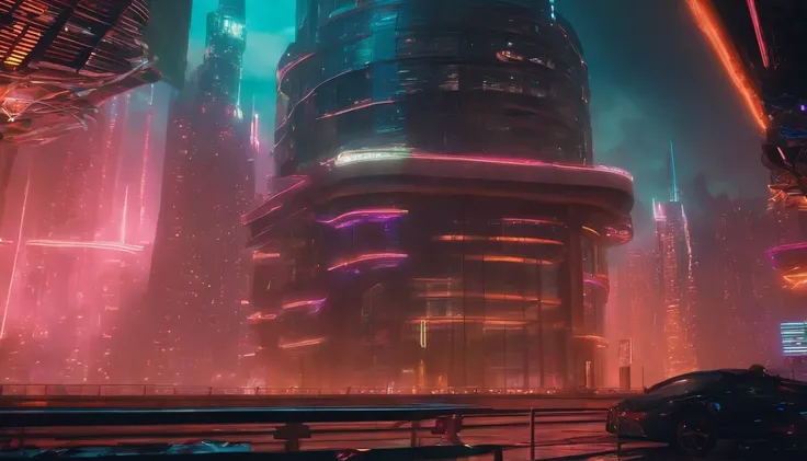 (obra prima) cidade no estilo cyberpunk, illuminated sky, neon light, imagem vista do zero, paisagem ampla, cidade futurista