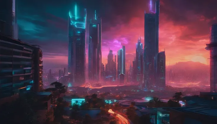 (obra prima) cidade no estilo cyberpunk, illuminated sky, neon light, imagem vista do zero, paisagem ampla, cidade futurista