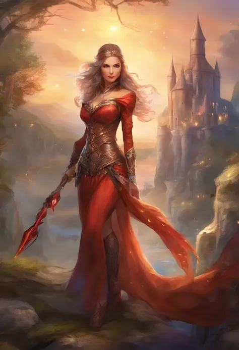 1Cat-like warrior with bow and 1 Elven mage with magic wand in front of a huge castle in the background sexy pose big and magician with small breasts Solid , easy smile, Ohren-Rouge,  exy sweet smile hot best quality, high resolution, Ultra-detailliert, Le...