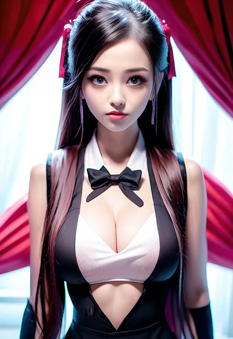 Create a female Korean Instagram model who has long black hair, double D breasts, 21 years old, in a high school teacher uniform, a large white bow in her hair, picture perfect, realistic girl.