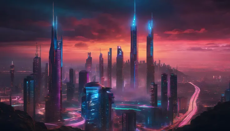 (obra prima) cidade no estilo cyberpunk, illuminated sky, neon light, imagem vista do zero, paisagem ampla, cidade futurista