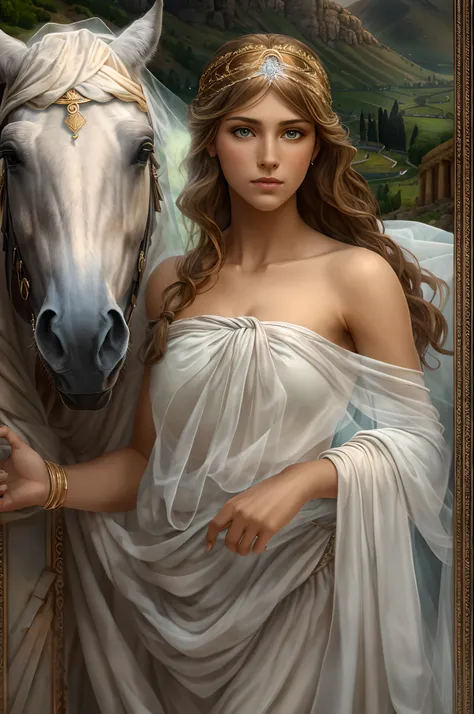 Greek girl goddess of husbandry and horses, With light brown hair, Has light brown strong-willed eyes, Wears white greek toga and veil, Is pouting, One black horse is behind, Ancient Arcadian field and mountain, Greek mythology, mysterious winter of mythic...