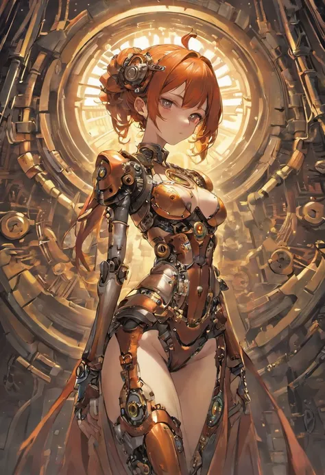 Cute Young Biomechanic Steampunk Cyborg Realistic Woman Movie Shallow Focus Scene, Mais sobre seu steampunk de corpo inteiro、It stays in fluid motion in a simple and barren place with stunning cloud landscapes and sunsets、hydraulic cylinder、metro、Pipes、LED...