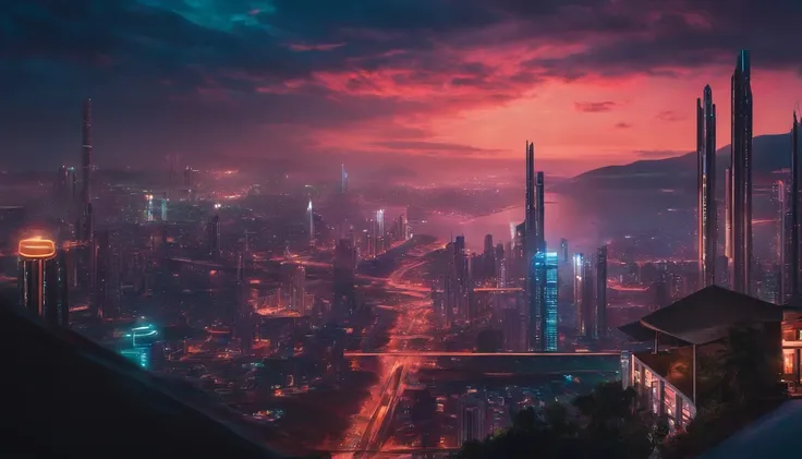 (obra prima) cidade no estilo cyberpunk, illuminated sky, neon light, imagem vista do zero, paisagem ampla, cidade futurista