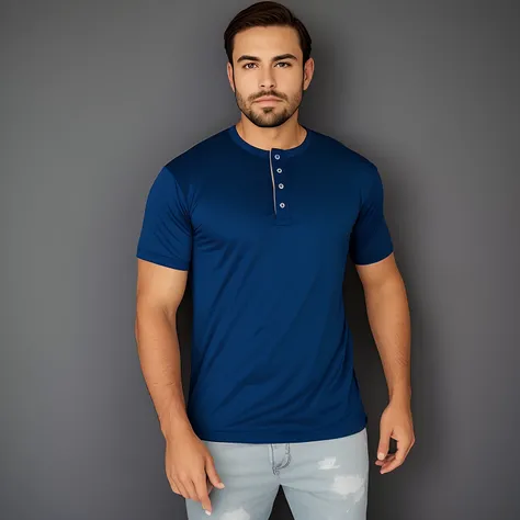 mais forte mostrando uma camiseta Henley Azul Marinho num lugar futurista