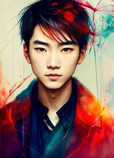 Oriental Asian man by Agnes Cecile，Luminous design，pastelcolor，Ink drops，Autumn lights