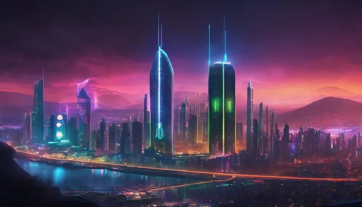 (obra prima) cidade no estilo cyberpunk, illuminated sky, neon light, imagem vista do zero, paisagem ampla, cidade futurista