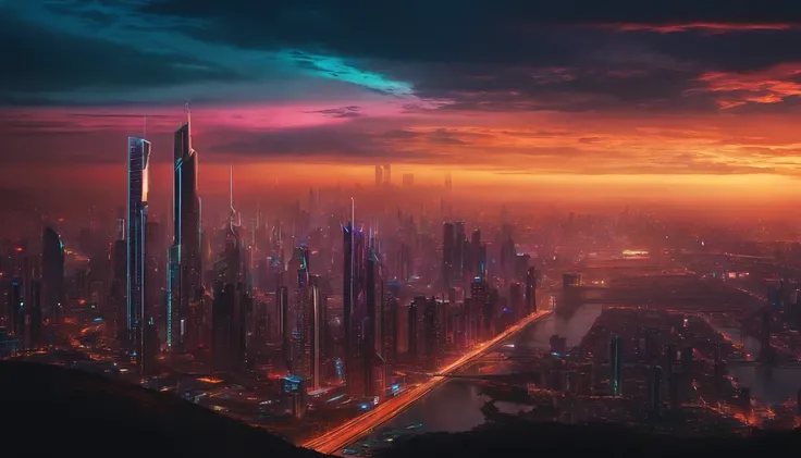 (obra prima) cidade no estilo cyberpunk, illuminated sky, neon light, imagem vista do zero, paisagem ampla, cidade futurista