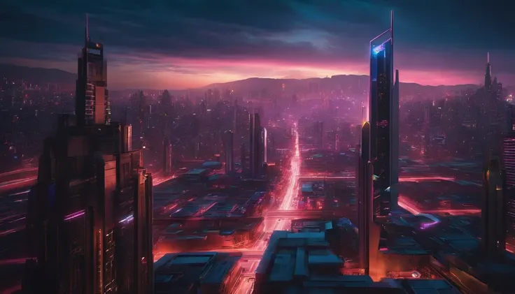 (obra prima) cidade no estilo cyberpunk, illuminated sky, neon light, imagem vista do zero, paisagem ampla, cidade futurista