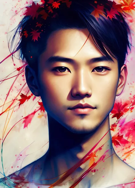 Oriental Asian man by Agnes Cecile，Luminous design，pastelcolor，Ink drops，Autumn lights