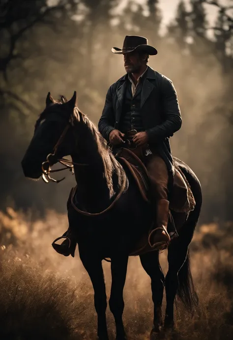 Arthur Morgan on his black American horse.