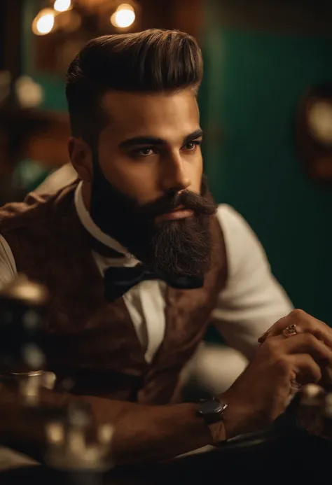 homem bonito, fazendo a barba com estilo em barbearia, foto detalhista e rica em detalhes