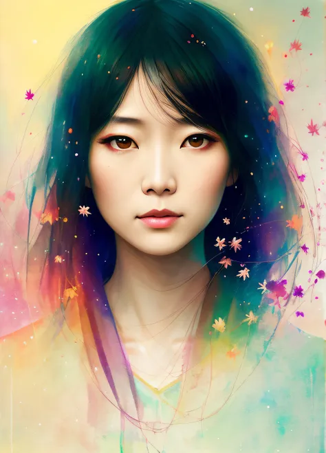 40-year-old oriental Asian woman from Agnes Cecile，Luminous design，pastelcolor，Ink drops，Autumn lights