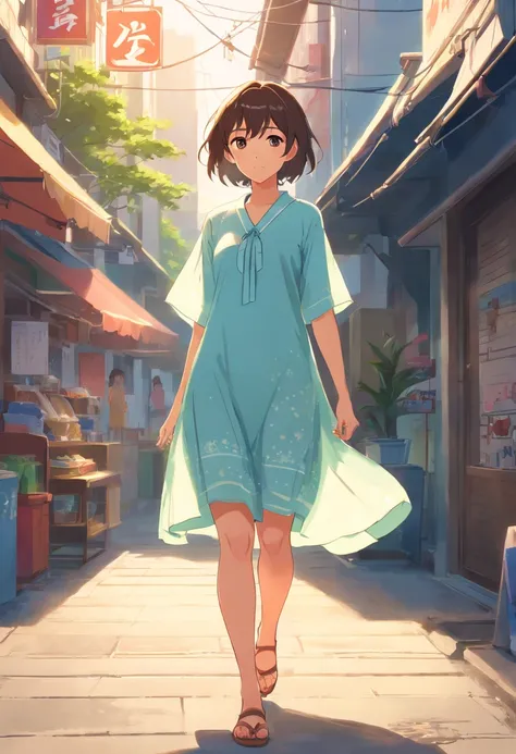 Korean women with short hair wear summer dresses.Wear a large shirt., Anime character characteristics