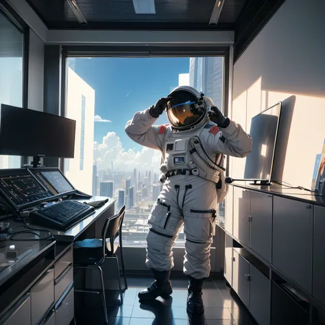 Young male astronaut wakes up in a huge bed in a giant room of a skyscraper. description: The room is spacious, Add tall, large windows in the room in a panoramic view of the scene, com uma cama grande no centro. grande, Tall windows offer an impressive vi...