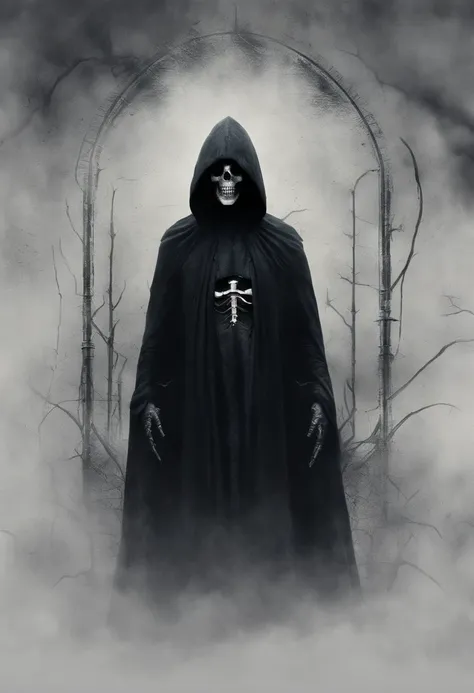 Create a frighteningly detailed and realistic depiction of the hooded figure of Death. The scene is expected to feature a black silhouette with a skull on a face and a skeletal hand holding a menacing sickle. Esta figura sinistra deve ter como pano de fund...