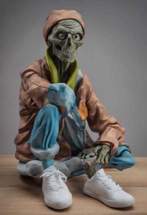 Create an ultra-wide photo of a decrepit zombie wearing an Adidas coat and hoodie, against an abstract background. The overall style of the image should be minimalist with an Artgem touch. The zombie should be rendered in a decrepit, cadaverous style, with...