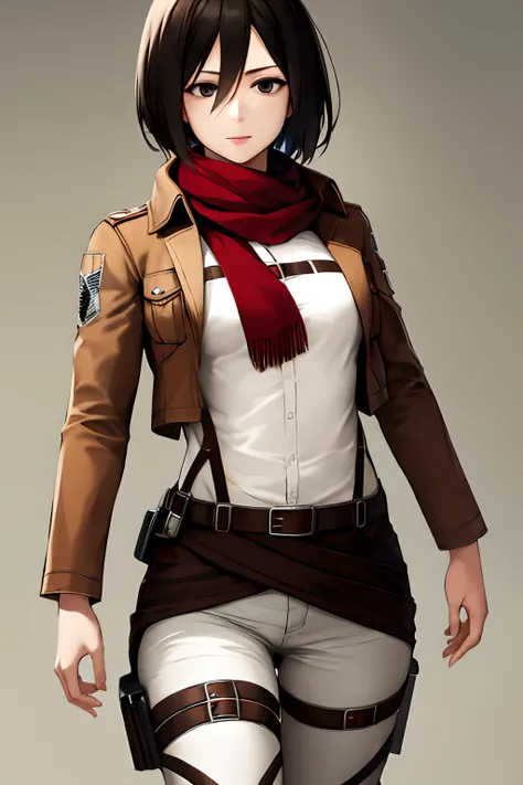 masterpiece, best quality, highres, hmmikasa, short hair, black eyes, scarf, emblem, belt, thigh strap, red scarf, white pants, brown jacket, long sleeves, cowboy shot, standing