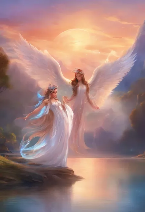 2 angelic creatures beautiful sky background mountains lake pose sexy unicorns sexy pose hot sexy t small solid , easy smile, Ohren-Rouge, Exy Sweet Smile Hot Best Quality, high resolution, ultra-detailliert, Lebendige Textur,