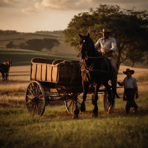 ((best quality, 8k)), ((Maneco Palhoça, um empregado de fazenda negro, pobre, de chapéu lives in 1926, Rides wagon and horse ))