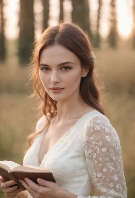 Portrait of a female country girl, 30 years old, dressing nicely in a farm field, early morning after sunrise, wearing a nice white dress showing part of her small chest, she’s holding a book in her hand