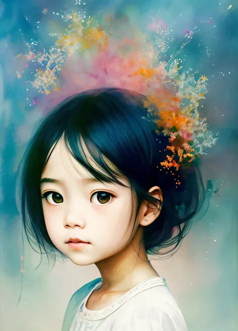 Agnes Ceciles 4-year-old girl from Eastern Asia，Luminous design，pastelcolor，Ink drops，Autumn lights