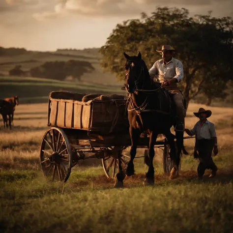 ((best quality, 8k)), ((Maneco Palhoça, um empregado de fazenda negro, pobre, In hat lives in 1926, Rides wagon and horse ))