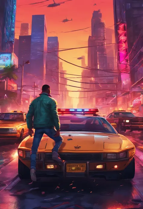 A detailed scene from the game Grand Theft Auto: 

(bright, vibrant colors),(highly detailed, ultra-realistic),(action-packed:1.1),cars racing in the streets, bustling city life, shining headlights, skyscrapers reaching for the sky, chaotic traffic, pedest...