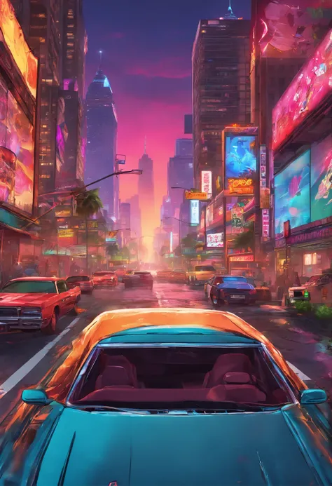 A detailed scene from the game Grand Theft Auto: 

(bright, vibrant colors),(highly detailed, ultra-realistic),(action-packed:1.1),cars racing in the streets, bustling city life, shining headlights, skyscrapers reaching for the sky, chaotic traffic, pedest...