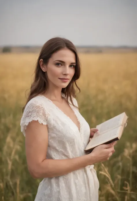 Portrait of a female country girl, 30 years old, dressing nicely in a farm field, early morning after sunrise, wearing a nice white transparent cover-up showing part of her bare small chest and her panties, she’s holding a book in her hand. The scene is ba...