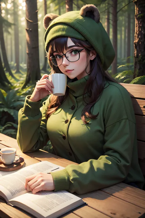 green baer with glasses and coffe in forest